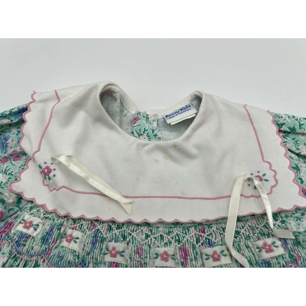 Vintage Rosey Kids Smocked Bishop Dress Girl 3T Blue Floral Embroidery